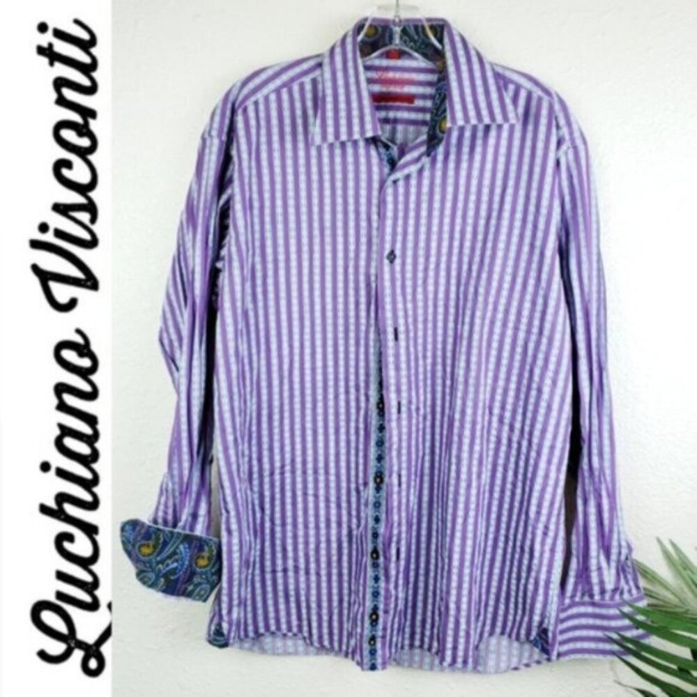 Luchiano Visconti Striped Button Down Shirt Contrast Paisley Print Trim size M